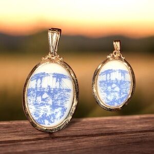 Vintage Fabrini Delft Blue and White Porcelain Pendants Set/2
